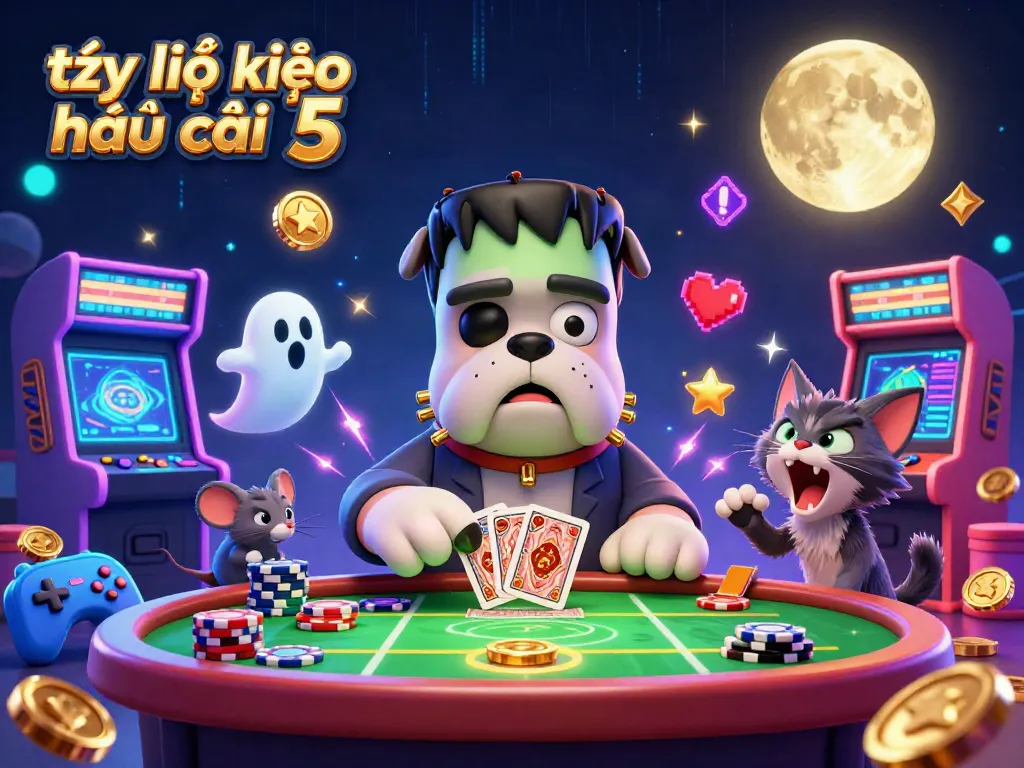 Experience thrilling tỷ lệ kèo nhà cái 5 with a playful scene of a Frankenstein bulldog and friends at a sports betting table.