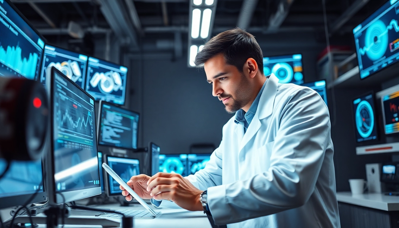 Technik Innovation bei einem Ingenieur in einem modernen Labor mit digitalen Displays.