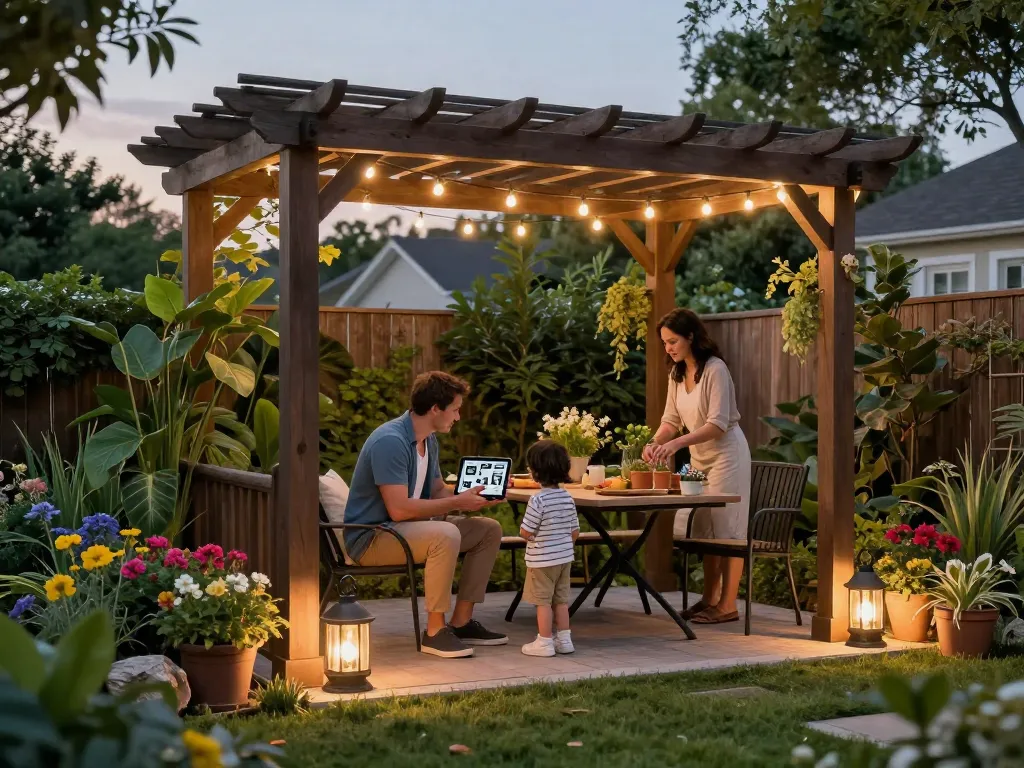 Eine Familie, die ein 3D-Design einer Pergola in ihrem Garten visualisiert und einen einladenden Außenbereich präsentiert.