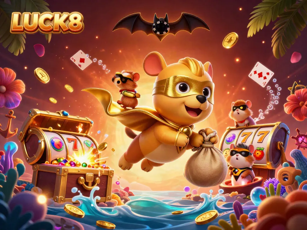LUCK8 showcases a vibrant 3D heroic dog soaring above casino slot reels and gold coins, celebrating exciting wins.