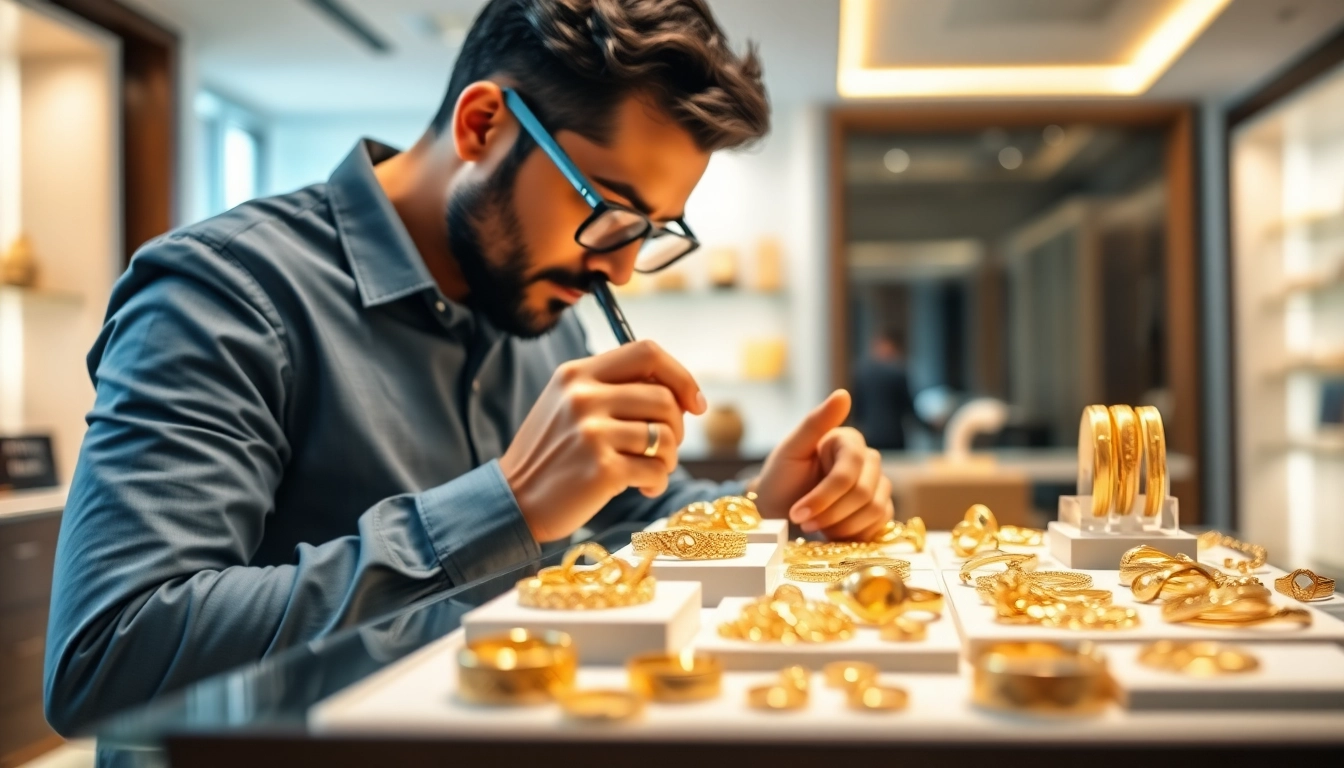 Gold verkaufen Berlin: Juwelier prüft Goldschmuck in modernem, einladendem Geschäft.