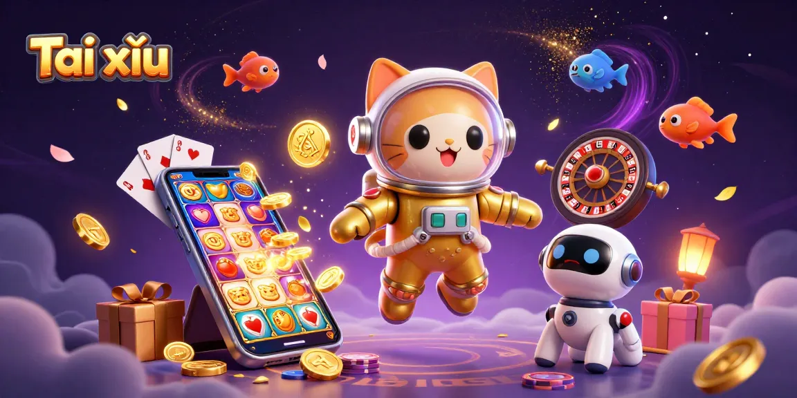 Tài xỉu game visual featuring a playful astronaut cat and robot dog, surrounded by exciting casino elements.