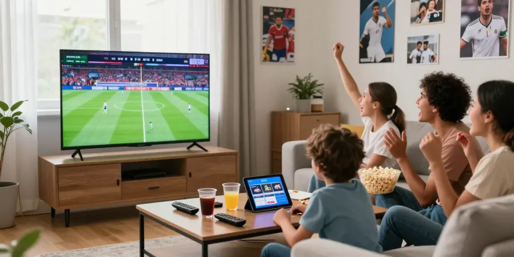 Family enjoying an IPTV Abonnement watching live sports in a cozy living room.