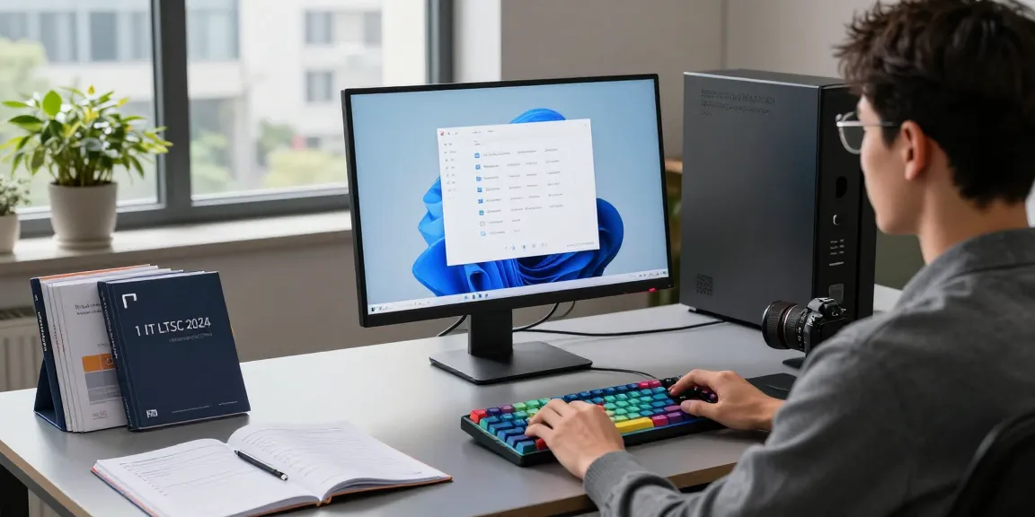 Windows 11 LTSC Version ohne Store nutzen in einem modernen Büro-Setup mit IT-Profis, die sich auf Systemkonfiguration konzentrieren.