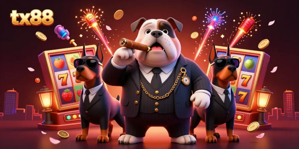 Spin reels and win big with tx88's vibrant casino atmosphere featuring a dog boss and bodyguards!
