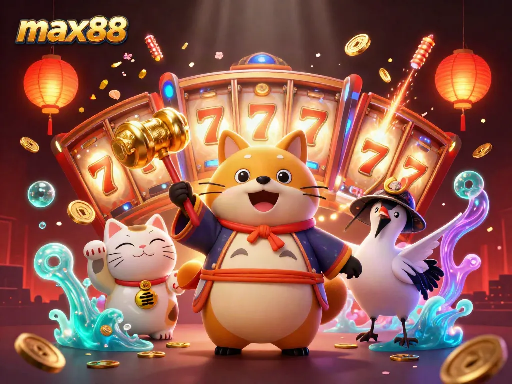 Max88 animated scene featuring a cheerful tanuki, lucky symbols, and festive decor in a vibrant casino atmosphere.