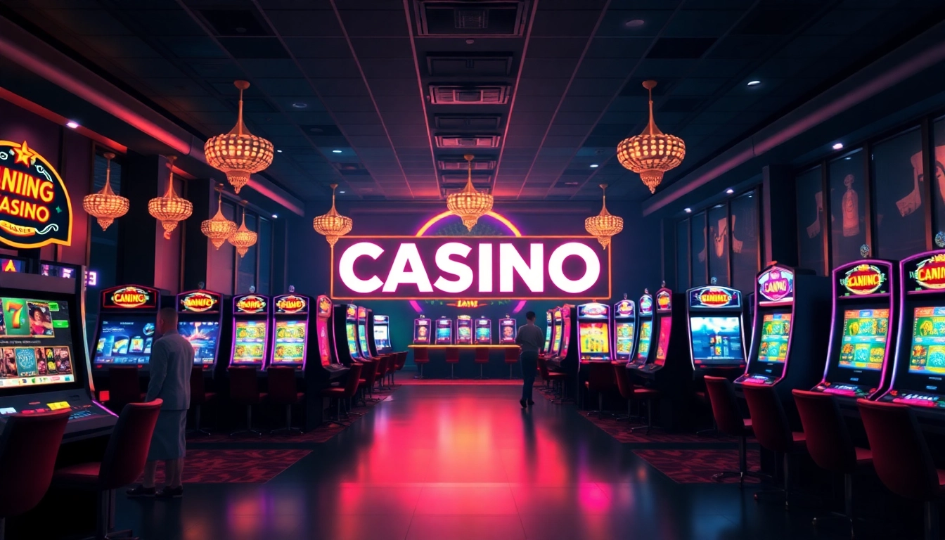 Erlebe den casino bonus ohne einzahlung deutschland in einem lebhaften Online-Casino mit bunten Lichtern und Spielautomaten.