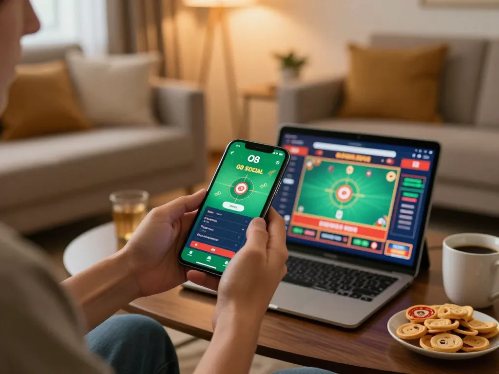 Engaging in O8 SOCIAL mobile gaming, showing vibrant user experience in a cozy setting.