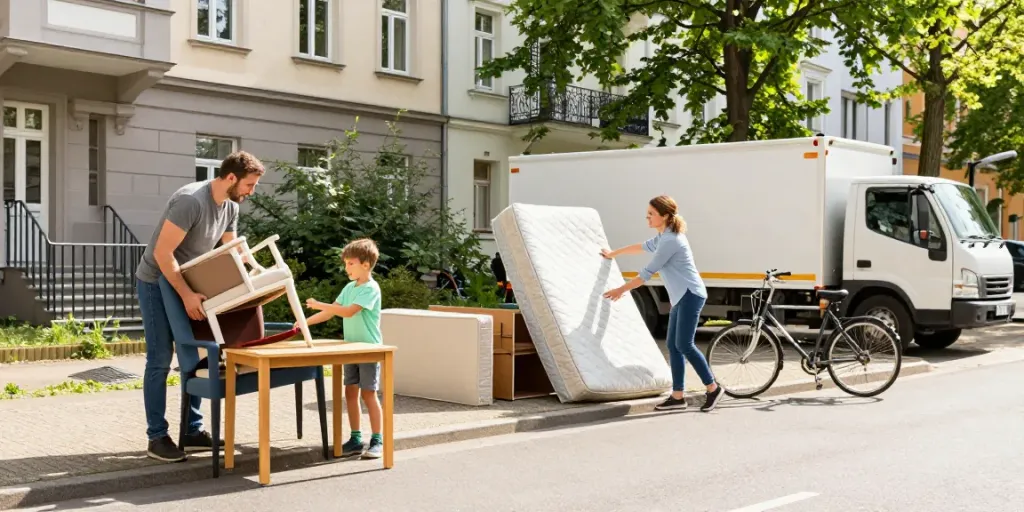 Vorbereitungen zur Sperrmüllabholung in Berlin mit Familie, die alte Möbel auf die Straße stellt.