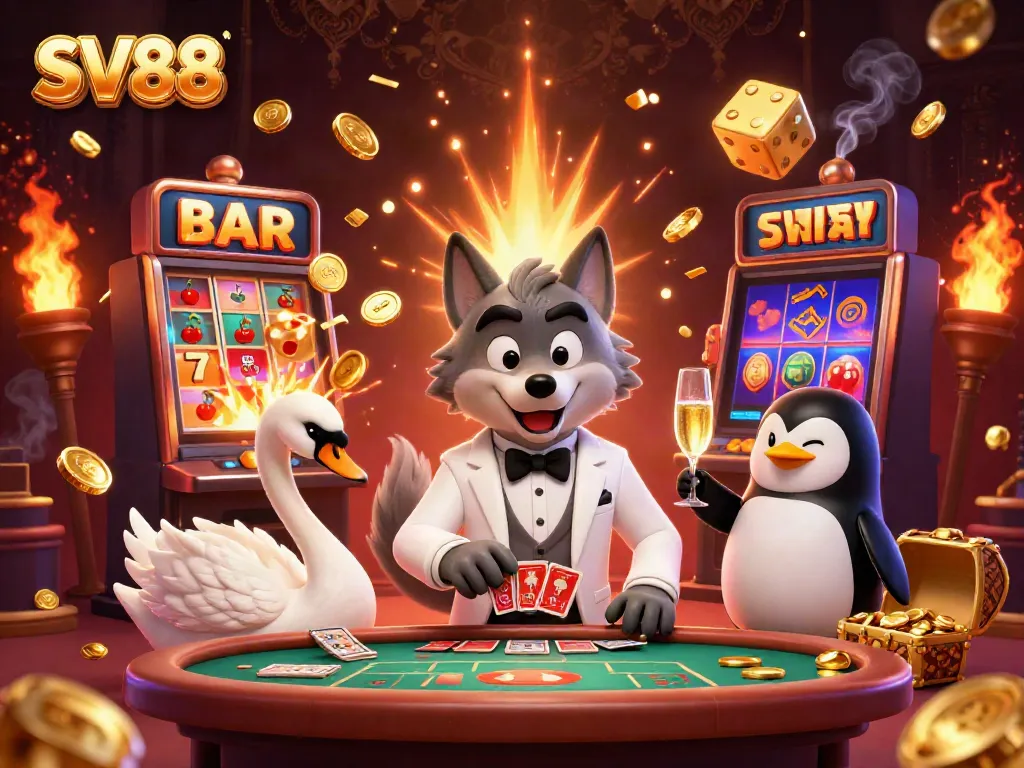 Experience the thrill of SV88 with a lavish casino scene featuring a debonair wolf at a baccarat table.