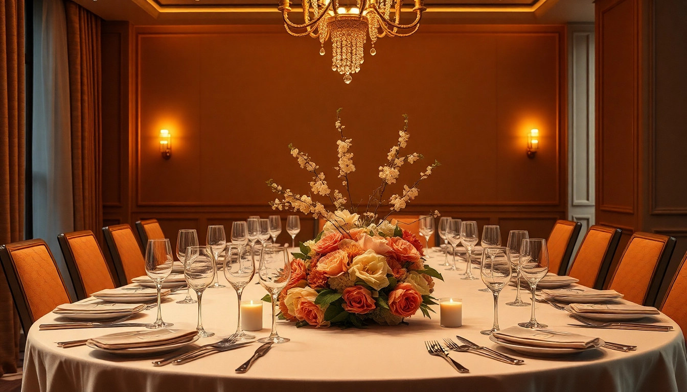 Experience luxury dining with an elegantly set table adorned with exquisite fine china and crystal glassware.