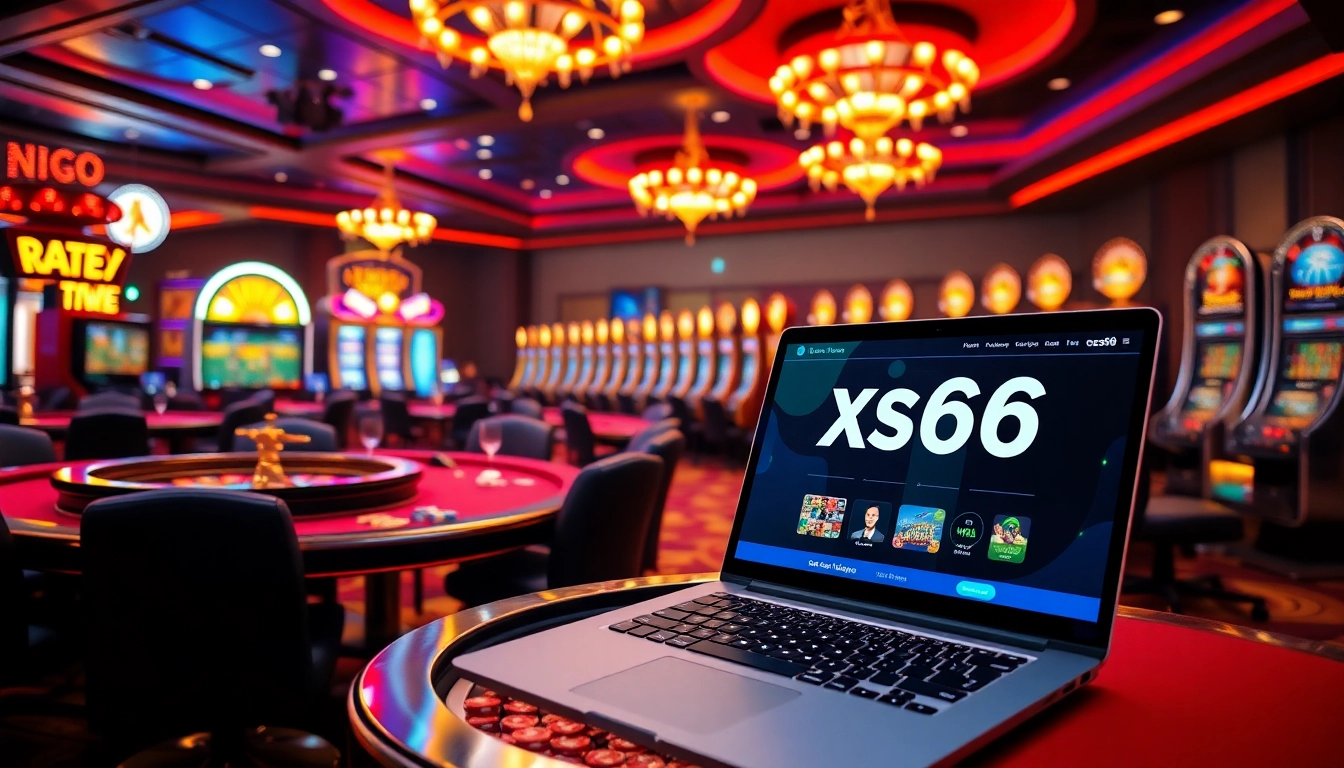 Exciting gaming atmosphere at xoso66 casino with vibrant tables and online interface.