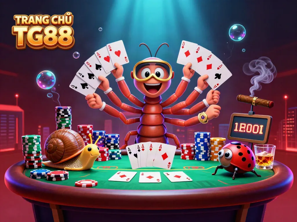 Engage with TRANG CHỦ TG88 through a vibrant 3D poker scene featuring unique characters and thrilling elements.