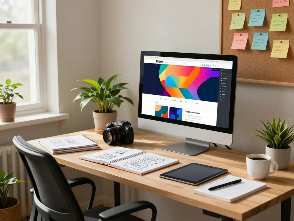 Webdesign-Freelancer, der ein lebendiges Website-Layout in einem modernen Arbeitsbereich mit Design-Tools erstellt.