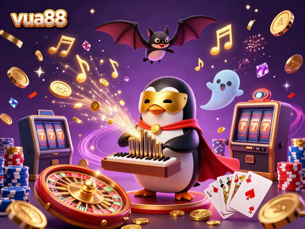 Spin for exciting wins with Vua88's vibrant online casino featuring golden coins and a whimsical atmosphere.