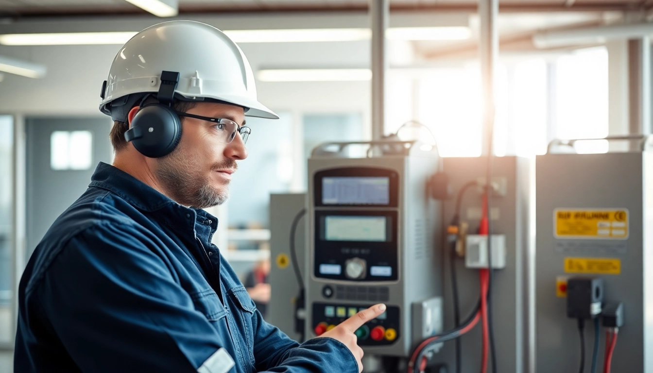 Techniker bei der DGUV V3 Prüfung elektrischer Geräte in einem modernen Büro, technische Ausstattung sichtbar.