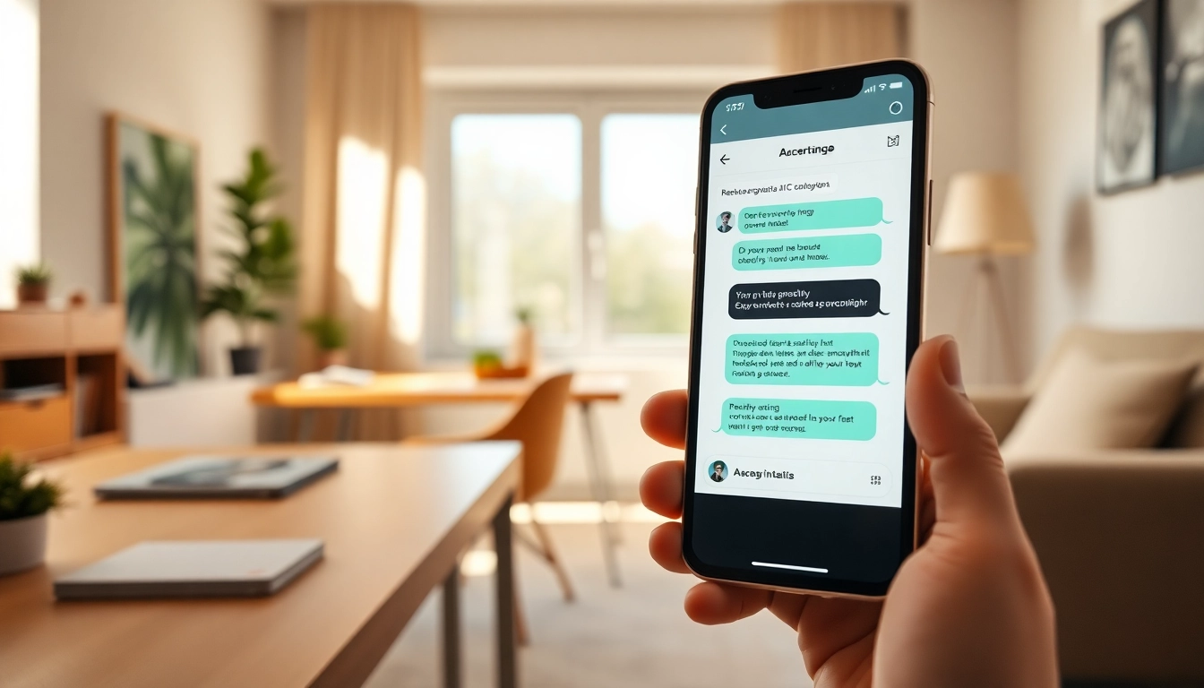 ki freundin zeigt einen freundlichen AI-Chatbot auf einem modernen Smartphone in einer gemütlichen Umgebung.