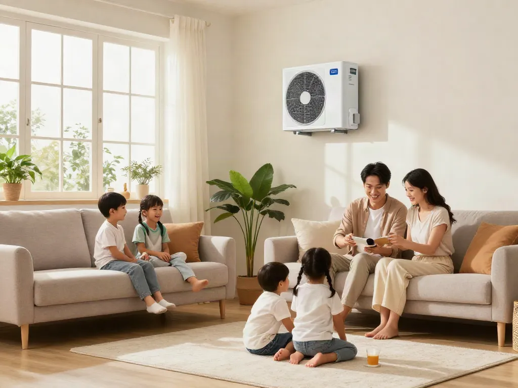 Familie genießt die Wärme von Wärmepumpen in einem modernen Wohnzimmer.