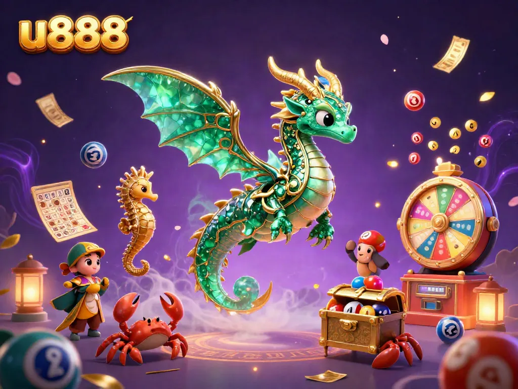 Experience the excitement of u888 with a dynamic illustration featuring a magical sea dragon amidst vibrant casino elements.