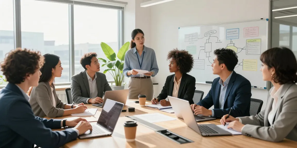 Arbeitskultur bewerten in einem modernen Büro mit dynamischem Team bei einer Besprechung.