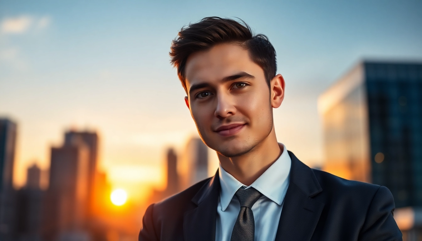 Professional setting showcasing an ai generated professional headshot of a confident individual in a tailored suit against a blurred urban background.