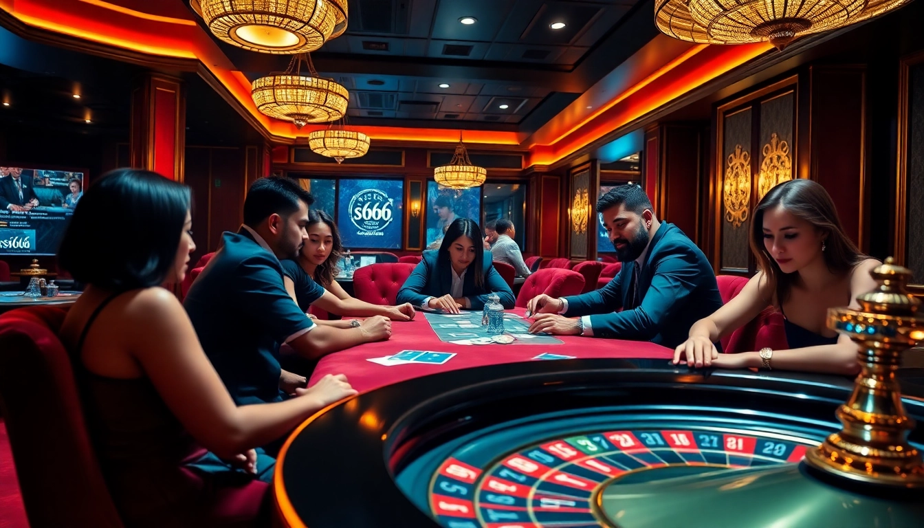S666 gaming enthusiasts engaging at a luxurious poker table in an elegant casino setting
