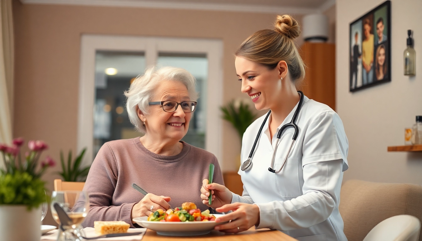 Pflegedienst: Freundliche Pflegekraft hilft älterer Person beim Essen in vertrautem Zuhause.