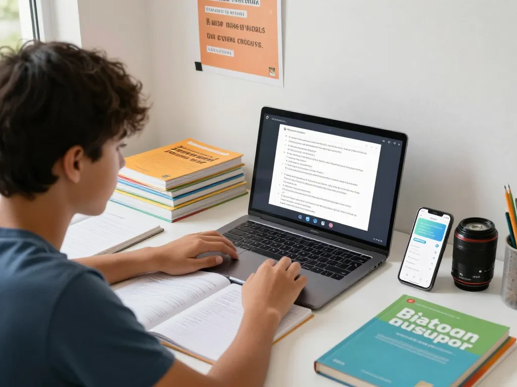 Schüler nutzt Hausaufgaben KI-Assistenten auf dem Laptop in einer hellen Lernumgebung.