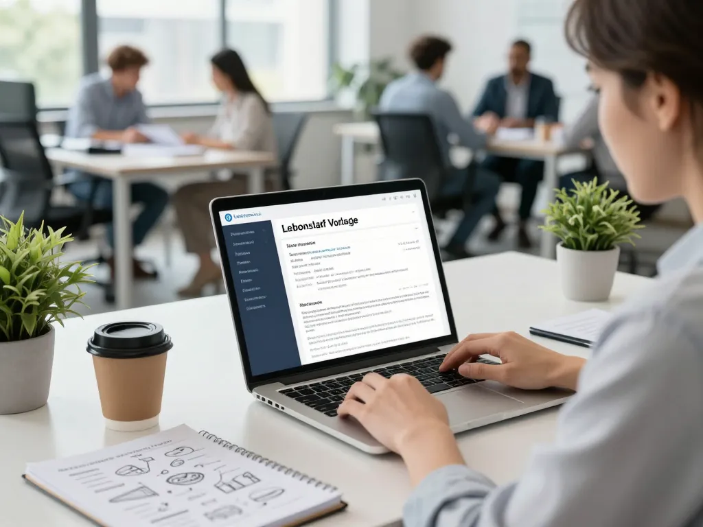 Professioneller Jobsuchender erstellt in einem hellen Büro eine ansprechende Lebenslauf Vorlage.