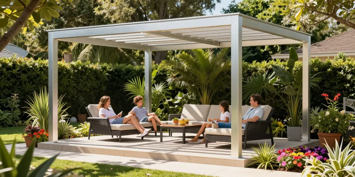 Freistehende Terrassenüberdachung aus Aluminium, ideal für entspannte Nachmittage im Garten.