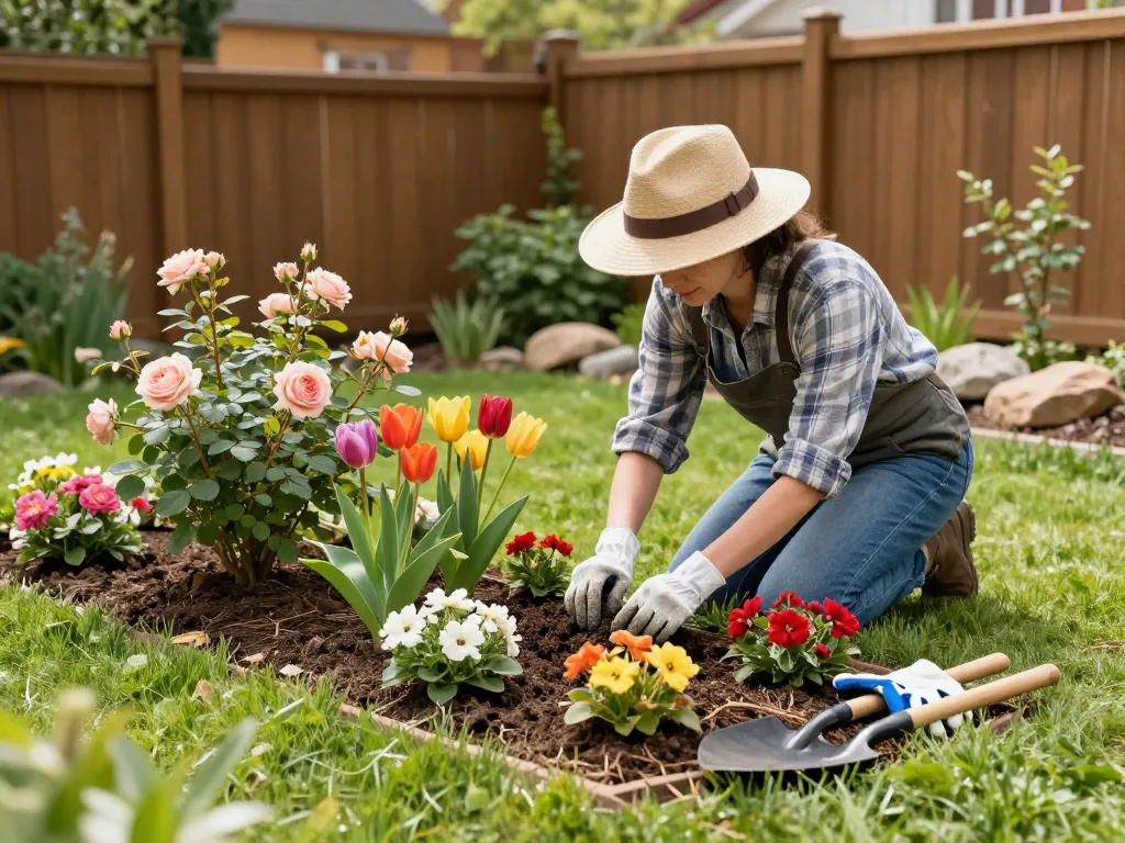 Gartenservice in Münster mit einem professionellen Gärtner, der bunte Blumenbeete in einem sonnigen Garten pflegt.