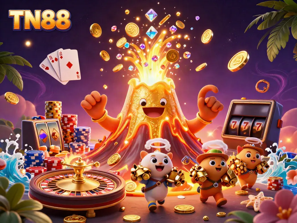 Experience thrilling action at TN88 with a golden volcano erupting coins and treasures in a vibrant 3D casino illustration.