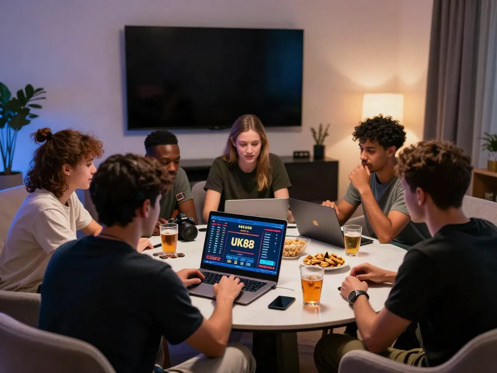 Friends enjoying online gaming at UK88, showcasing excitement and modern entertainment atmosphere.