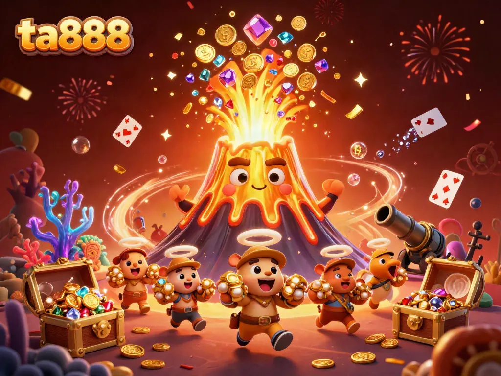 Experience the excitement of ta888 with thrilling treasures from a golden volcano erupting coins and gems.