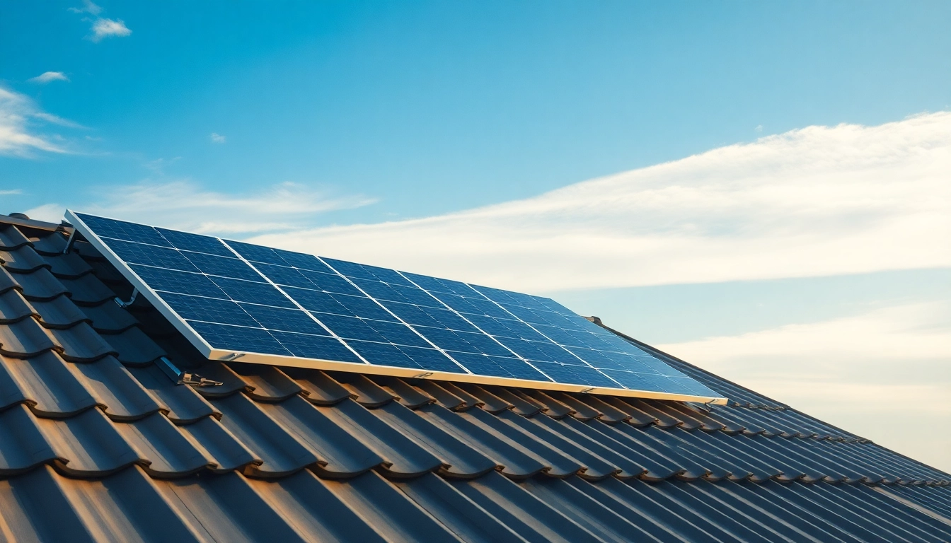 Visualisieren Sie das Solar-Investment auf gepachteten Dachflächen mit strahlenden Solarmodulen unter blauem Himmel, zeigend, wie Investoren in nachhaltige Energie investieren.