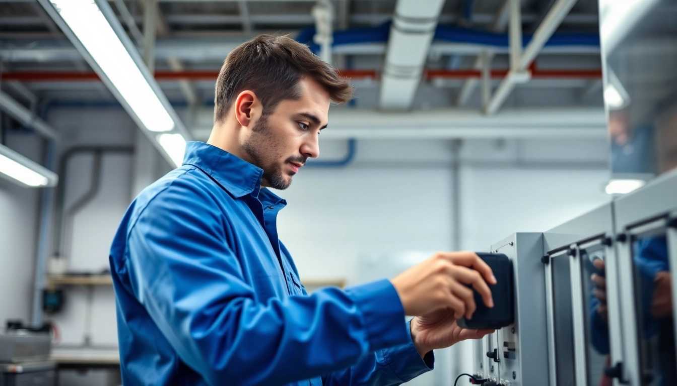 Technician performing a DGUV V3 Prüfung to ensure electrical safety and compliance in a modern workspace.