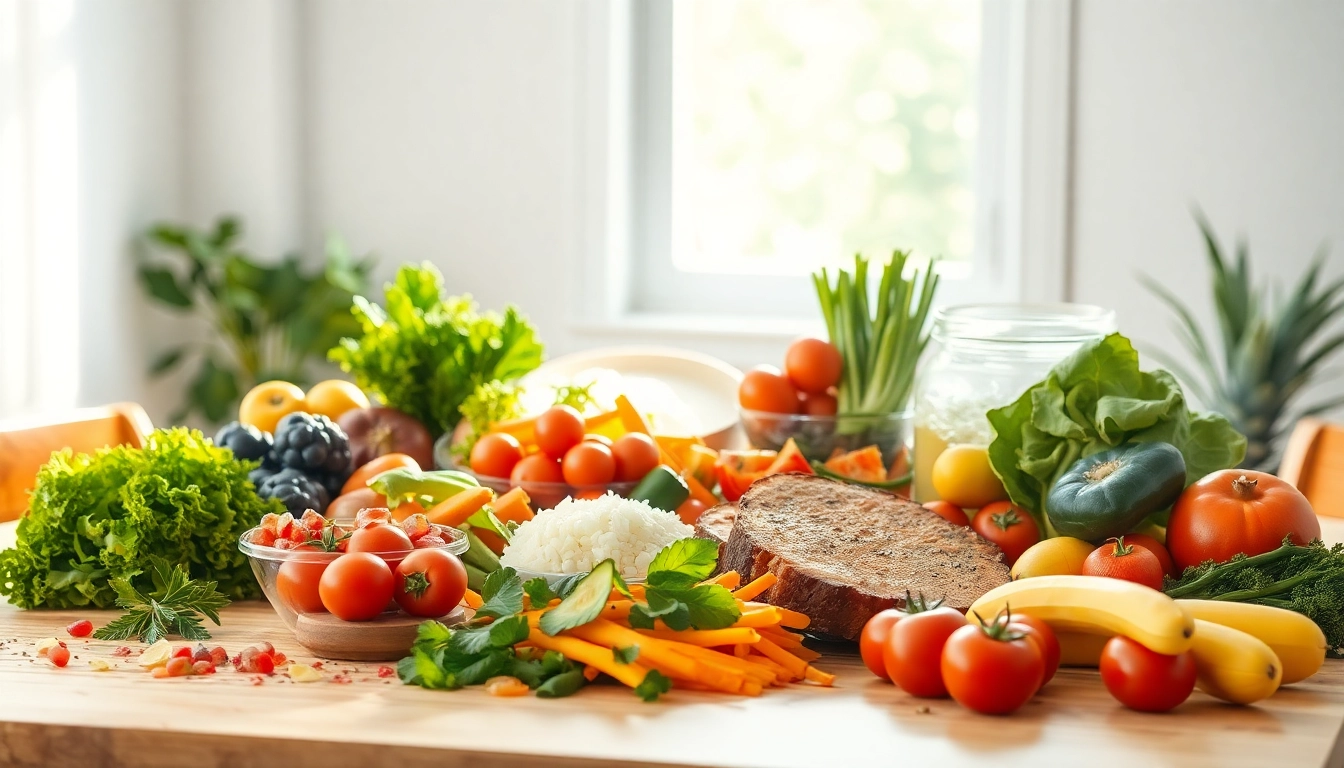 Leckeres und gesundes Essen zur Förderung des Gewichtsverlusts auf einem hübsch gedeckten Tisch mit bunten frischen Zutaten.