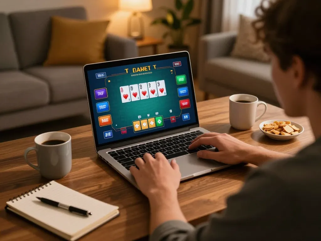 Player engaged in online poker at home with nhà cái MM88, displaying cards and strategic planning.