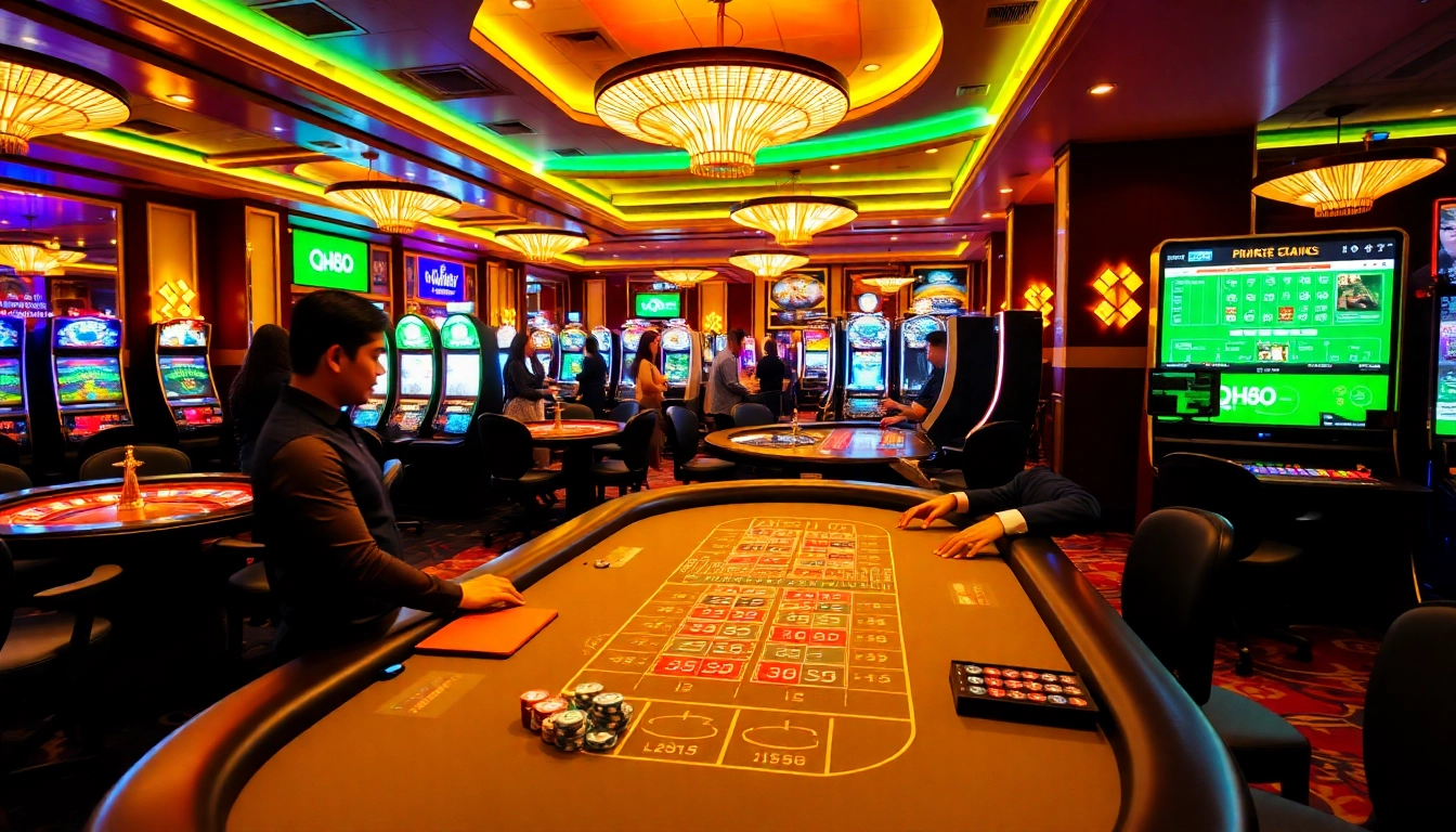 Engage with qh88's thrilling online casino experience, showcasing vibrant gaming tables and excited players.
