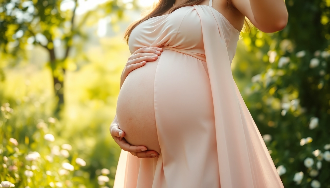 Babybauch Shooting München: Schwangere Frau strahlt Glück in einer natürlichen Umgebung aus.