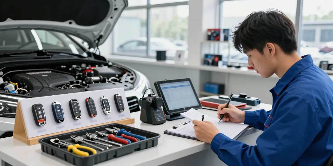 Experte bei der Programmierung eines Autoschlüssels in einer modernen Werkstatt