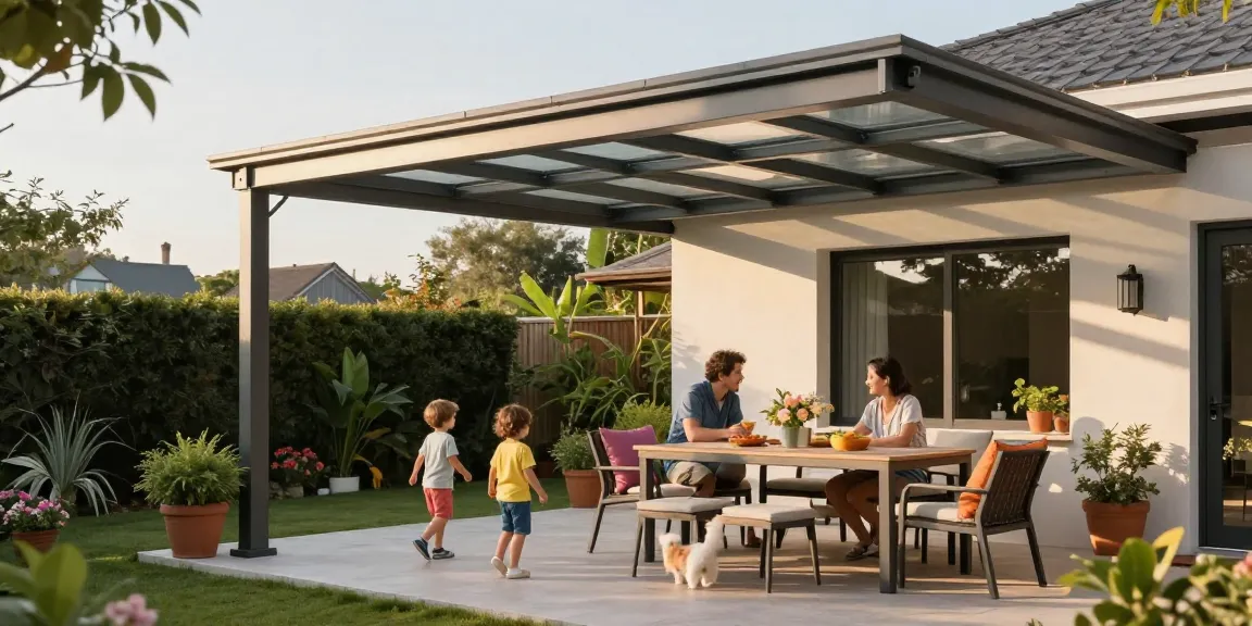 Moderne Terrassenüberdachung mit Familie, die einen sonnigen Tag genießt.
