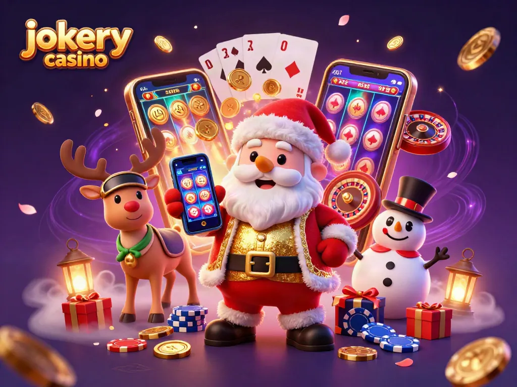 Win big at Jokery Casino with festive characters and engaging game elements in a vibrant 3D illustration.