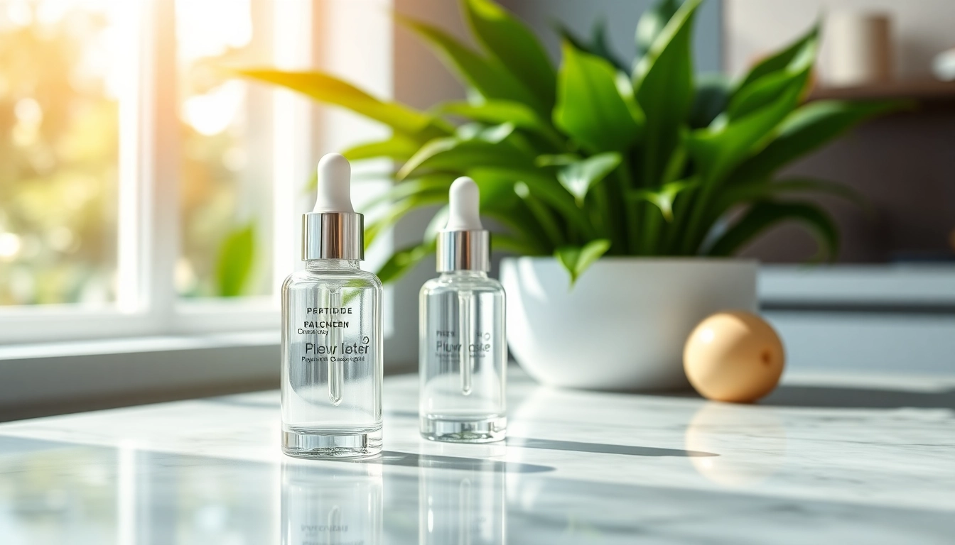 Peptide kaufen: Luxurious skincare vials highlighted in a bright, natural setting.