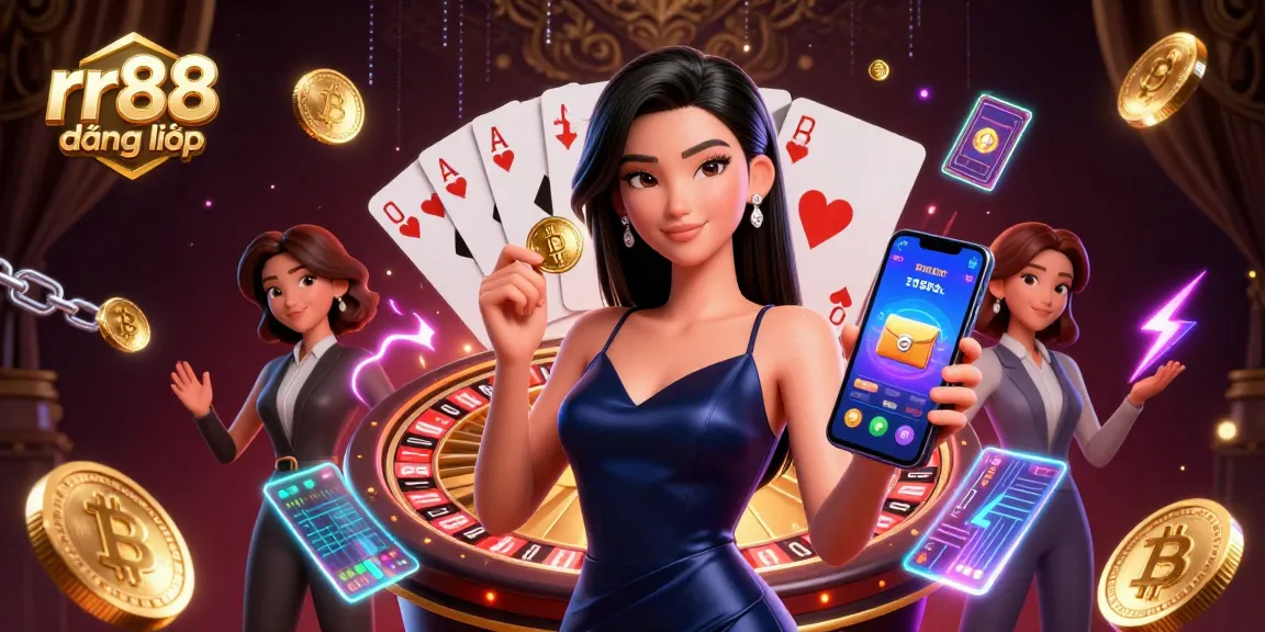 Experience rr88 đăng nhập with a stunning Asian woman showcasing casino elements, highlighting excitement and engagement.
