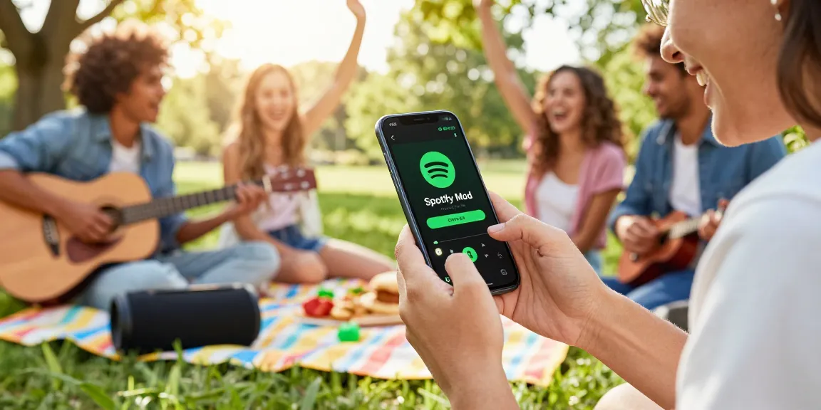 Enjoying Spotify Mod during an outdoor picnic with friends, featuring vibrant atmosphere and music.