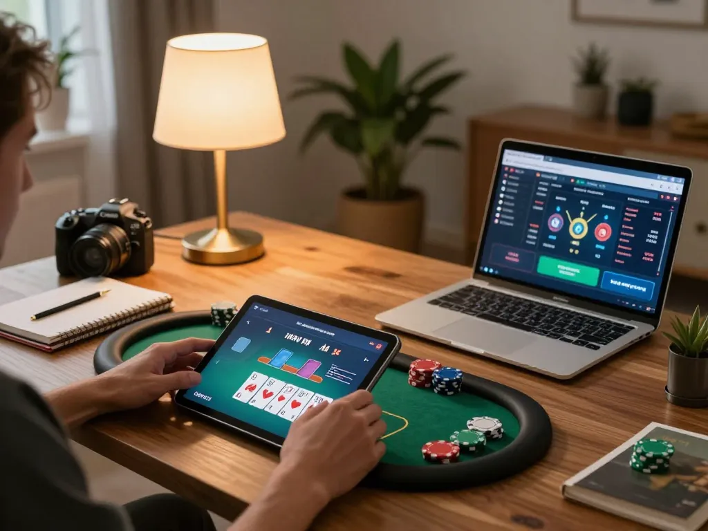 Engaged player enjoying poker on O8 FOREX app during an evening gaming session.