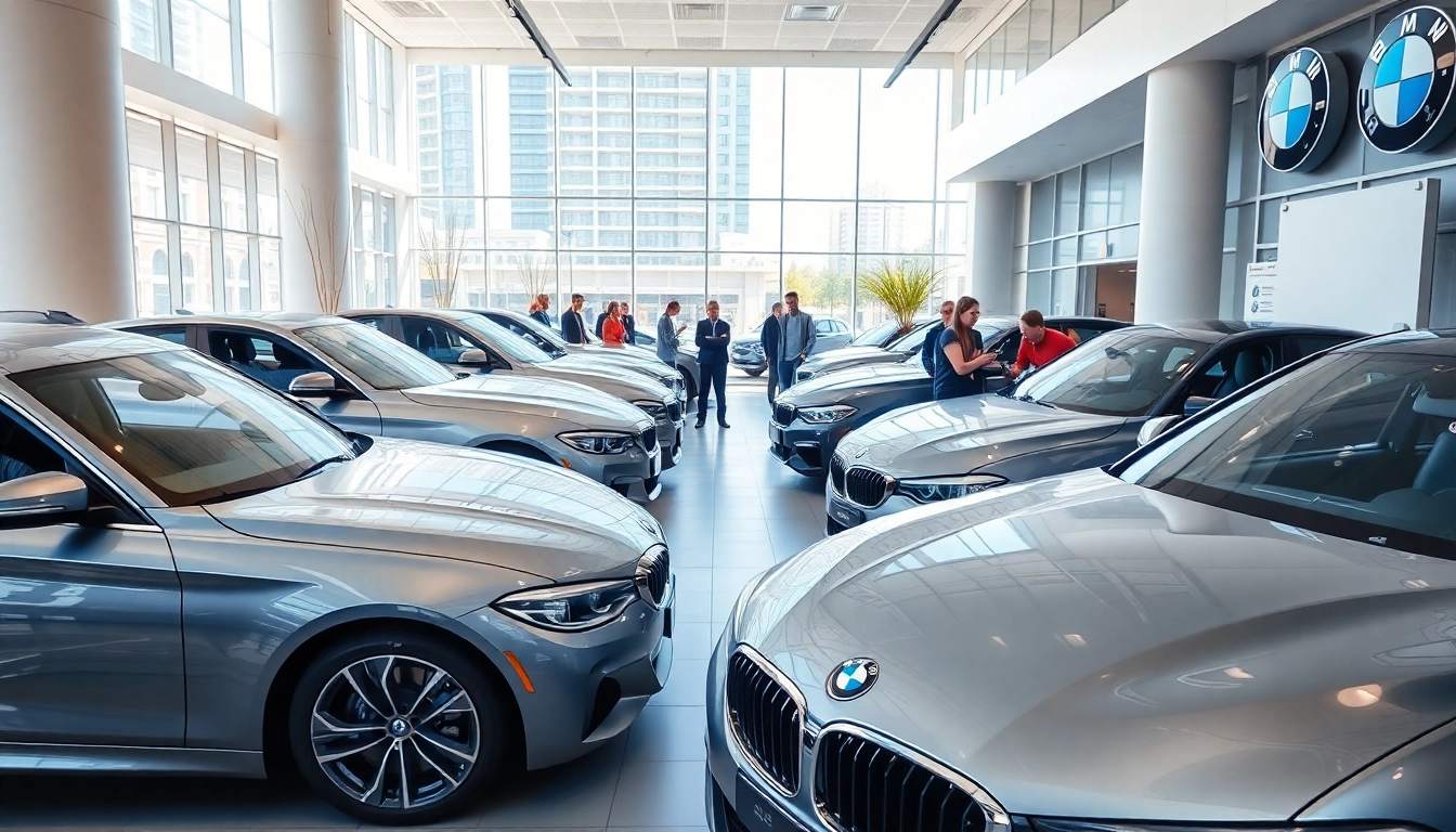 Kundeninteraktion beim BMW kaufen in einem modernen Autohaus mit stilvollen Fahrzeugen.