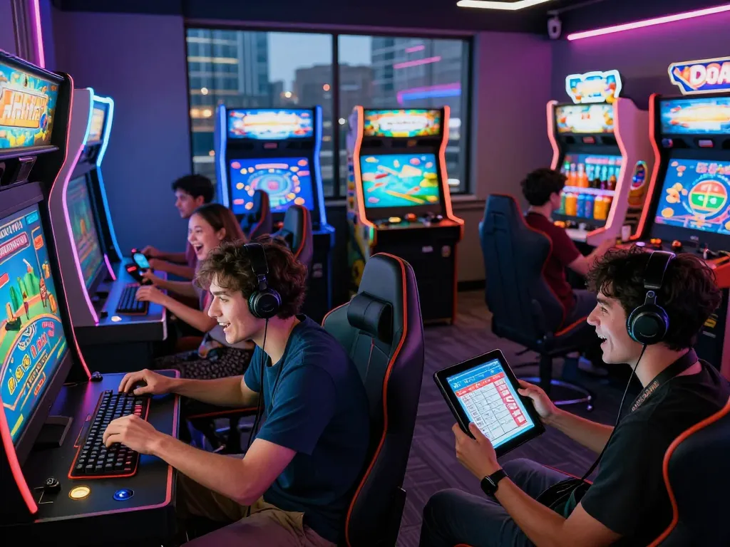 A vibrant gaming arcade scene featuring diverse players enjoying online gaming experiences, showcasing the excitement of https://tr88.army/ gaming.