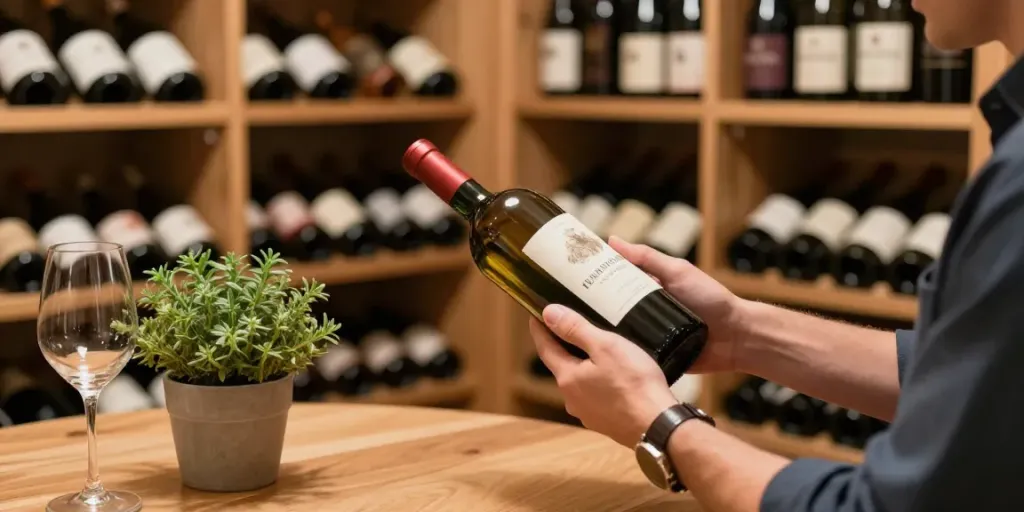 Wein Empfehlung in einem eleganten Weinkeller mit einer Person, die eine Flasche inspiziert.